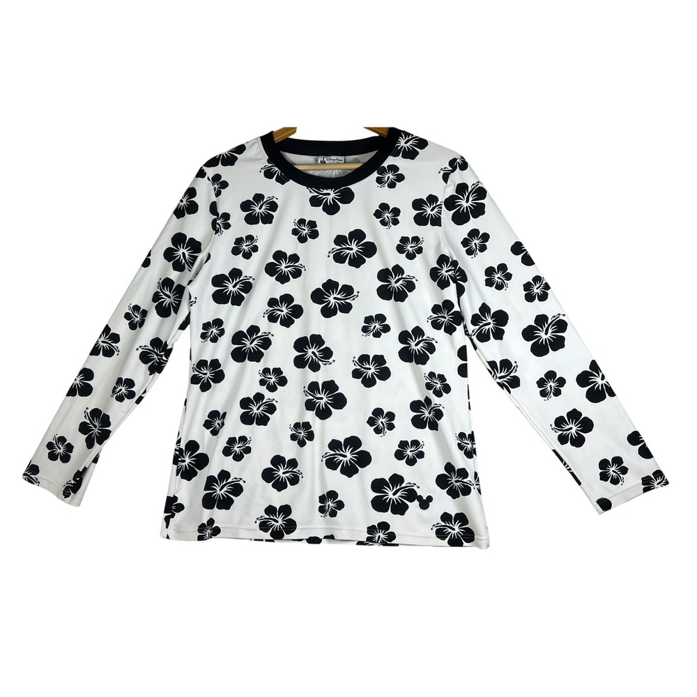 Disney Parks Rash Guard Long Sleeve Hibiscus Mickey Mouse White Black Womens XL